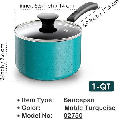 Cook N Home Non Stick Sauce Pan, 1 Quart Saucepan with Glass Lid, Nonstick Small Multi-purpose Pot, Milk Chocolate Aluminum Cooking Pot Pan with Stay-Cool Handle, Turquoise