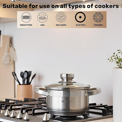 Daniks Standard Stainless Steel Stock Pot with Glass Lid – Induction 2 Quart, Dishwasher Safe, Measuring Scale, For Soup, Pasta, Stew, Silver