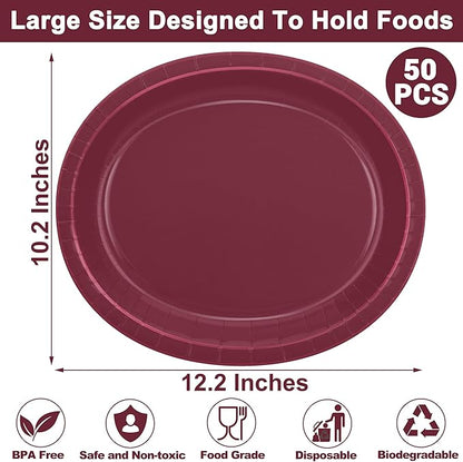 QZYL 50 Count Large Paper Plates, 12.2'' X 10.2'' Oval Wine Red Disposable Paper Plates Daily Dinner Plates Heavy Duty Paper Plates Party Decorations for Birthday Wedding Formal Dinner Holiday