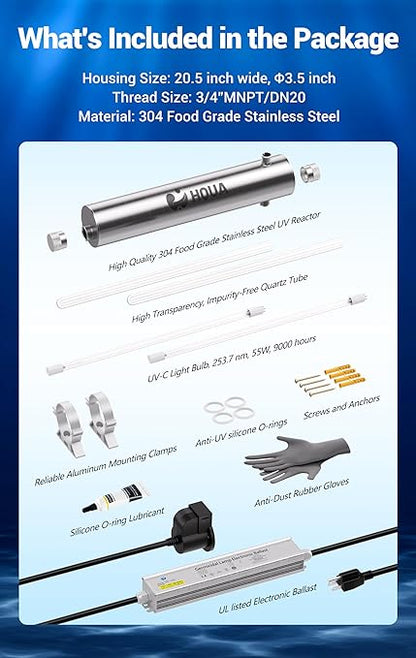 HQUA-TWS-12 Ultraviolet Water Purifier Filter for Whole House Water Purification,12GPM 120V, 1 Extra UV Lamp + 1 Extra Quartz Sleeve