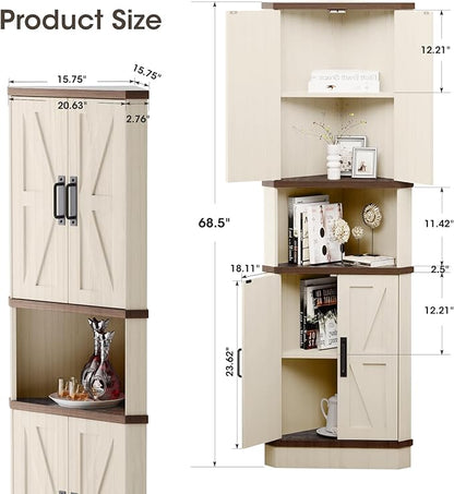 68.5" Tall Farmhouse Corner Cabinet with 4 Doors and 5 Storage Shelves, Farmhouse Storage Cabinet with Barn Door Design, Home Space Saver for Living Room, Kitchen