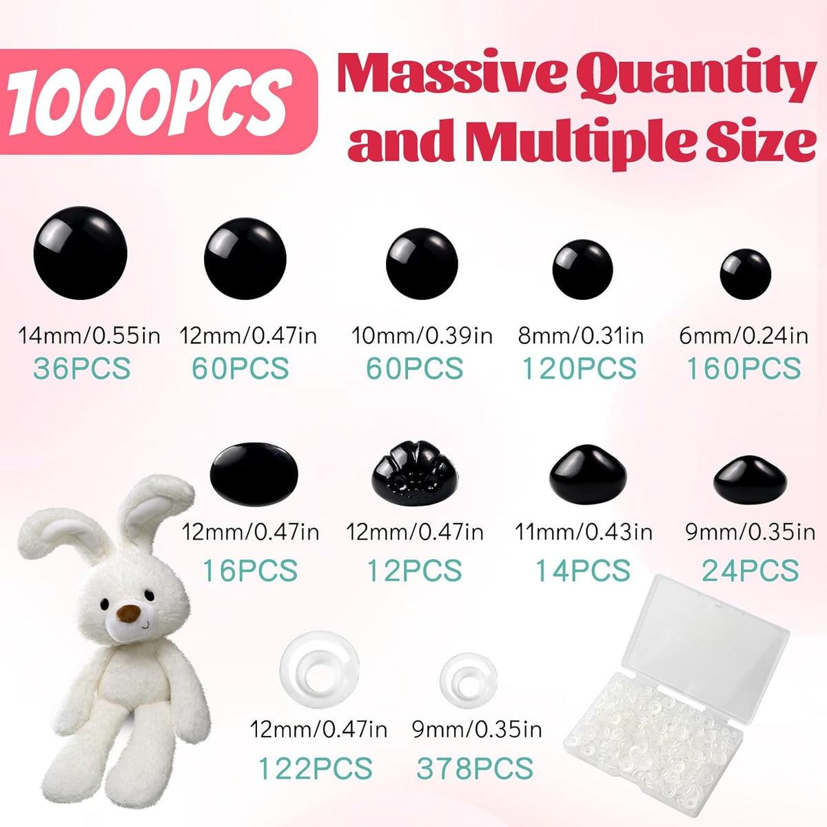 1000 Pcs 6-14mm Safety Eyes and Noses for Crochet, Black Plastic Safety Eyes with Washers, Craft Doll Eyes for Stuffed Animals, DIY Accessories, Assorted Sizes