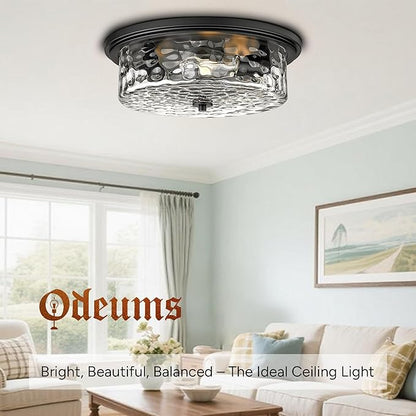 Industrial Flush Mount Ceiling Light, 16" 3-Light Modern Ceiling Light Fixture, Hammered Modern Kitchen Ceiling Light for Bedroom, Living Room, Kitchen Island (Black)