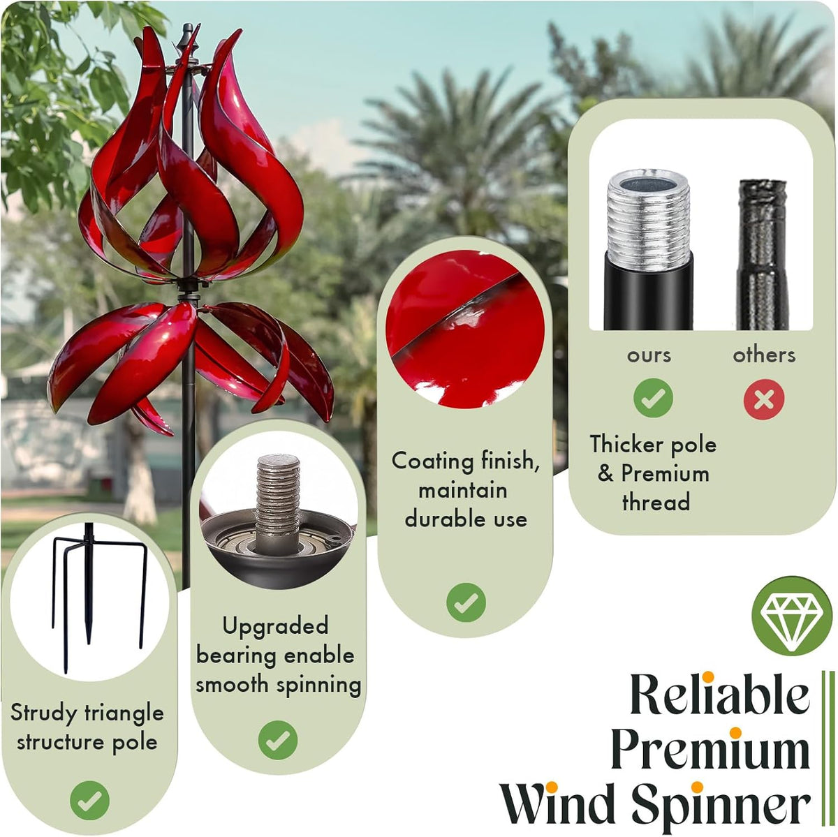 Large Garden Wind Spinner - Tulip Outdoor Yard Wind Sculptures & Spinners, Garden Decor Gift Ideas for Mother, Birthday, Housewarming (Dia19 x H87”)