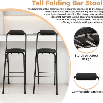 Folding Stool, Cushioned Padded Folding Stool Portable Bar Stool with Back for Camping Kitchen Home Office, Tall Bar Collapsible Stools (Black, 1Pcs 27.56in)