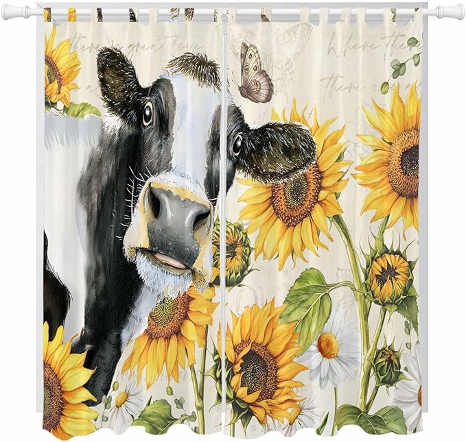 Yellow Sunflowers Living Room Curtains 96 Inch Length, Window Curtains Tab Top, Country Cow Flower Butterfly Farmhouse Cream Light Filtering Window Treatments Drapes 52"x96" 2 Panel