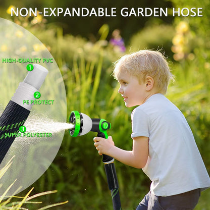 Garden Hose 25 FT, NON-EXPANDABLE Heavy-Duty Flexible & Lightweight Water Hose with 10-Function Nozzle, No-Kink Design, Leak-Proof Super Fabric, Solid Fittings for Lawn, Car, RV, Outdoor
