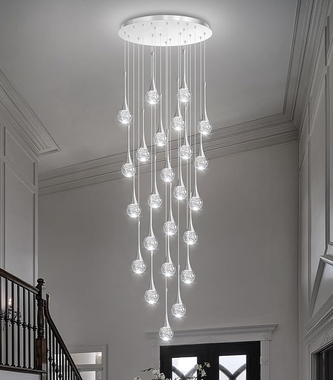 24 Light Modern Glam Crystal Chandelier for High Ceiling LED Dimmable Ceiling Pendant Light Staircase Foyer Enterway Living Room Chandelier Lighting Antique Silver