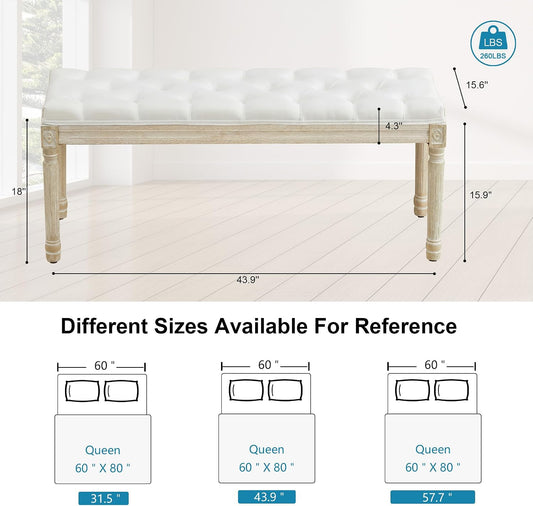 44‘’ Entryway Bench, Upholstered Button End of Bed Bench, Vintage Bench with Carving Pattern Wood Legs, Vanity Foot-Stool, White