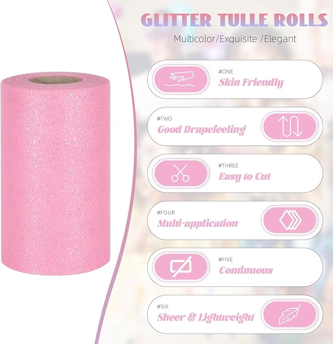 Glitter Tulle Rolls 6” by 50 Yards Sparkle Tulle Fabric Ribbon Sequin Tulle Netting Rolls for DIY Tutu Skirt Wedding Birthday Party Decoration (Pink)
