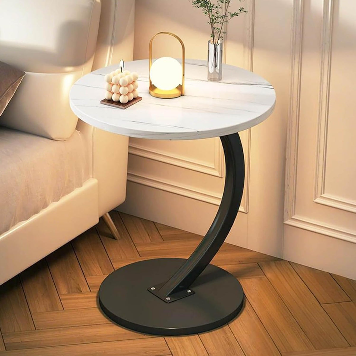 C Shaped End Table for Couchs, Couch Tables That Slide Under, Couch Side Table for Laptop, Suitable for Living Room, Bedroom and Small Spaces,White