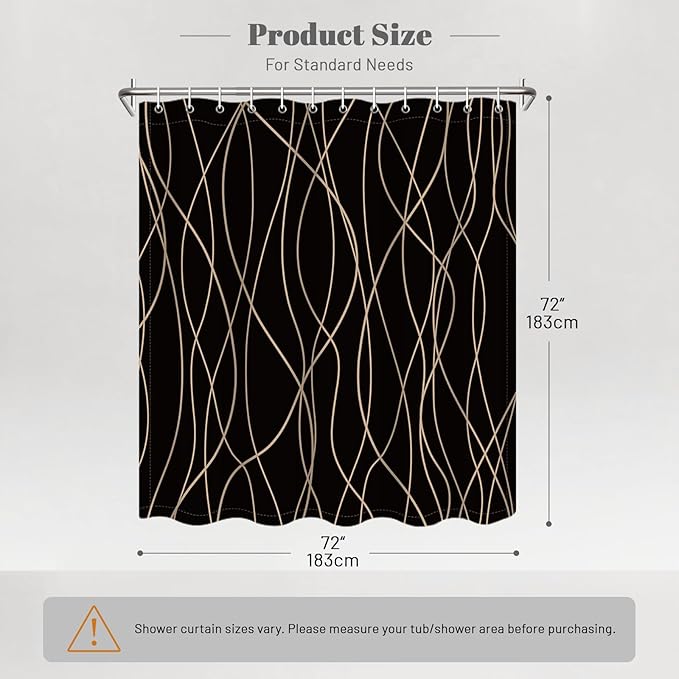 Punkray Black and Brown Striped Wavy Line Polyester Shower Curtain for Bathroom with Hooks, Weighted Hem, Waterproof Bath Accessories Hotel Style, 72 x 72