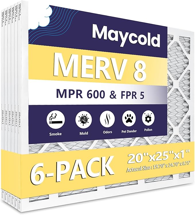 Maycold 20x25x1 MERV 8 Furnace Air Filters (6-Pack), Pleated HVAC AC Filter for Home or Office – Traps Dust, Lint & Pet Hair, Actual Size 19.70 x 24.70 x 0.75，Individually Wrapped in Plastic