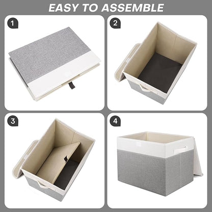 Large 17" 42 Quarts Collapsible Stackable Storage Bins with Lids [3-Pack] Foldable Fabric Linen Storage Boxes Cube, Closet Organizer Baskets with Label (16.7 x 12 x 12", Gray & White)