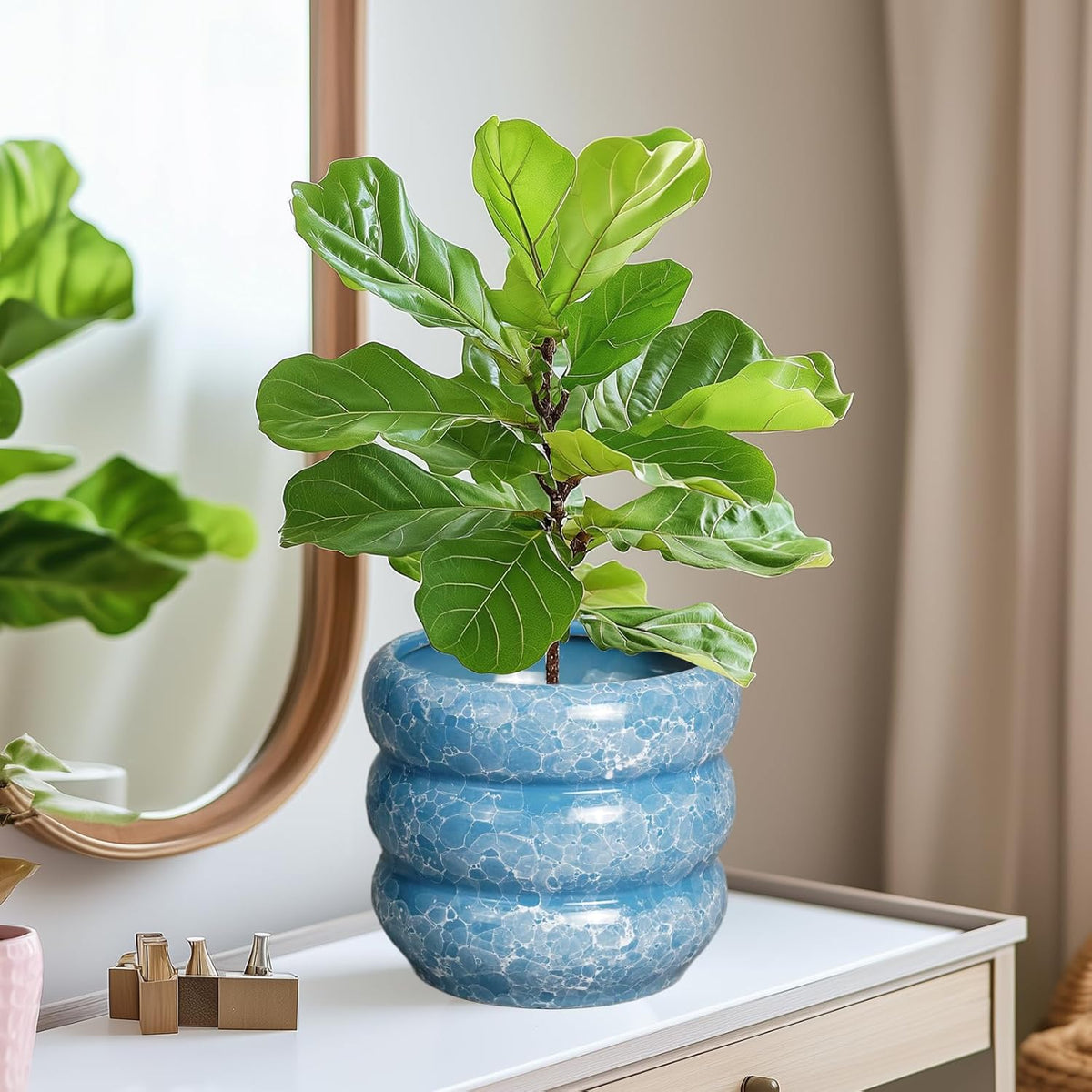 SQOWL 8 Inch Plant Pot with Drainage Hole - Ceramic Pot for Plants Outdoor Planter for Indoor Plants Decorative Plant Pot Medium Flower Pot Round Planter for Bathroom House Decor Blue