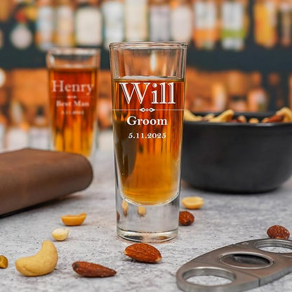 Custom Engraved Shot Glass – 2oz Tall Clear Glass – Personalized Gift for Wedding Party – Classic Etched Barware Keepsake for Groomsmen, Bridesmaids, and More (4)
