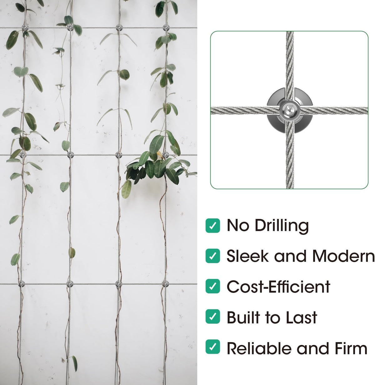 20 Pack Wall Trellis Wire Clamps & Cross Cable Clamps, T316 Stainless Steel Heavy Duty (0.66" OD) for 1/8" Rope, No Drilling Wire Trellis Kit for Outdoor Climbing Plants & Fence