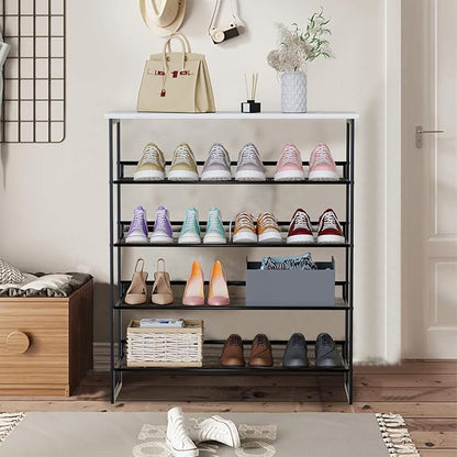 Garden 4 you 5 Tiers Shoe Rack,Multi-Purpose Adjustable Flat and Slant White Marble Freestanding Organizer Storage Rack Shoe Shelf, High Heels Potted Plant for Entryway Hallway Living Room Closet