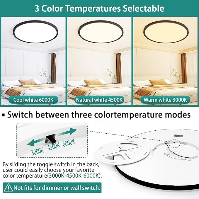 20 Inch Dimmable LED Ceiling Light Fixture, Ultra Thin Flush Mount, 40W 4000Lumen, 3 Color Changeable, Round, Black, for Dining Room, Kitchen, Bedroom, Office, Hotel