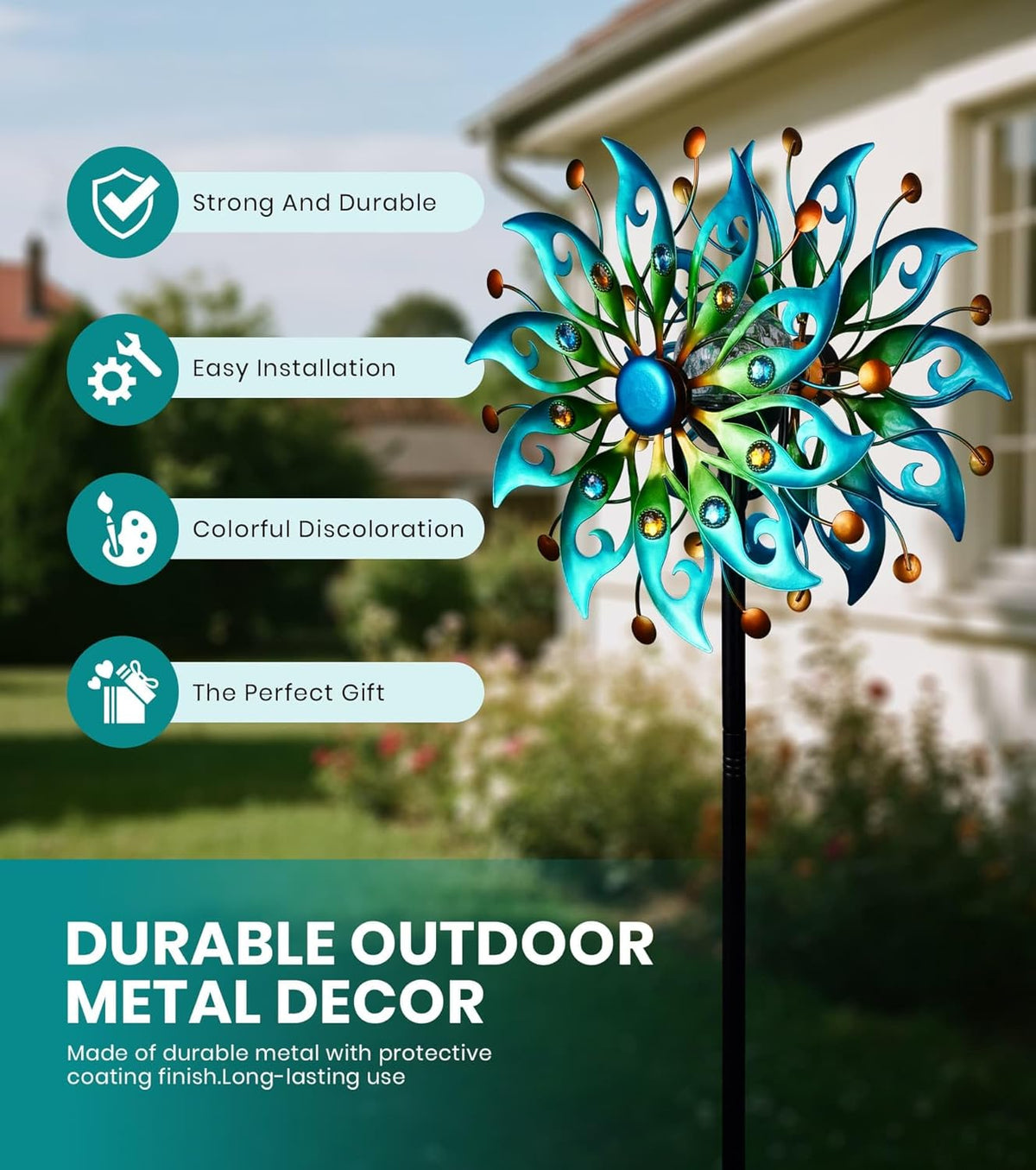 Solar Wind Spinners Outdoor – H63xW13 Metal Kinetic Garden Spinner with Crackle Glass Ball & Built-in Solar Panel – Peacock-Style Yard Wind Sculpture with LED Light