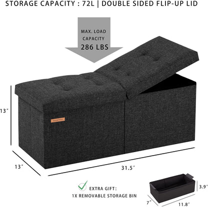 HAUSFRAU Ottoman with Storage Bench Folding Foot Rest Stool Linen Black | 31.5", Flip Lid, Small Upholstered Foldable Footrest Footstool, Bedroom Bench, Living Room Dorm Ottoman, Rectangle