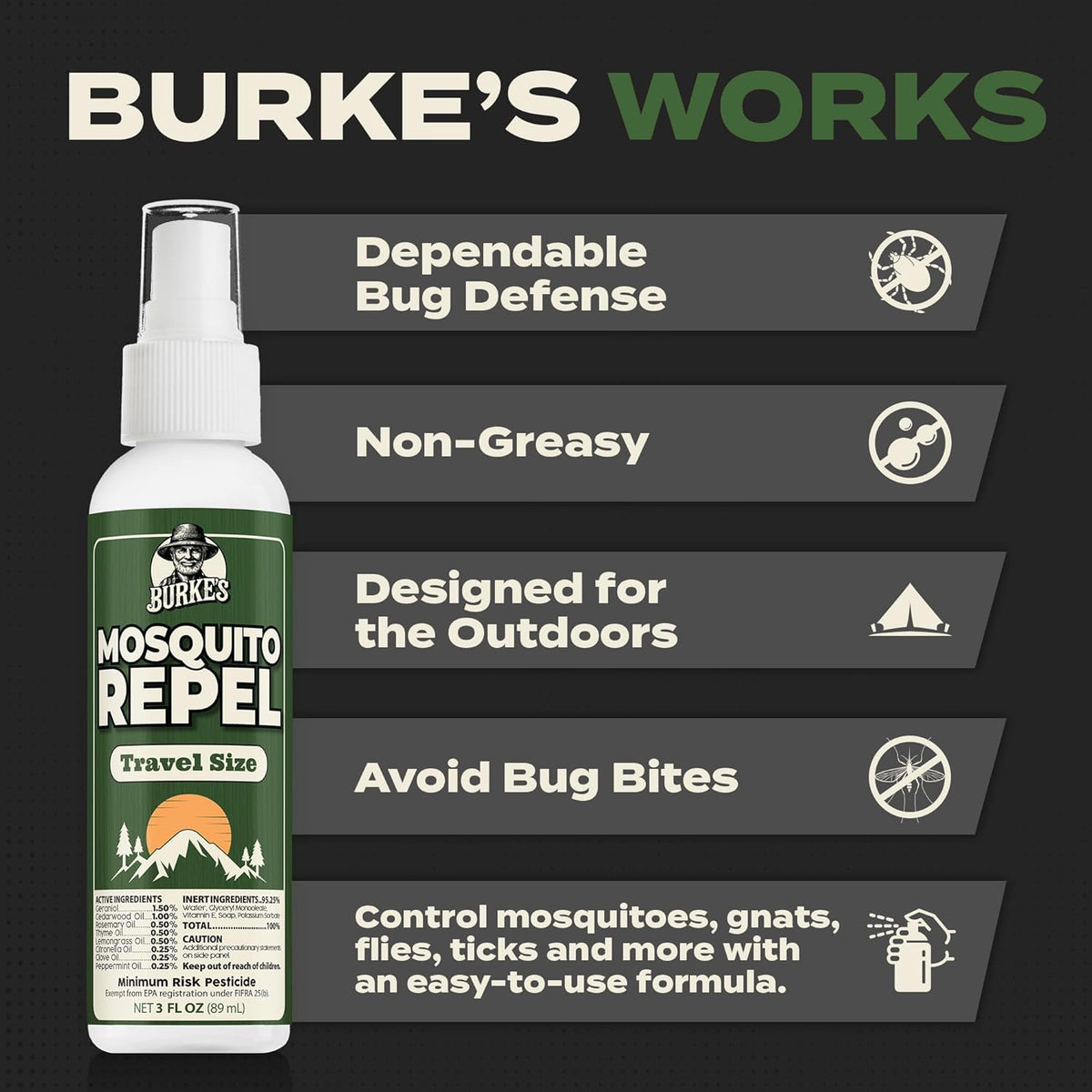 Burke's Natural Mosquito Repellent, DEET Free Mosquito Spray for Outdoor & Travel, 3 oz (90mL)