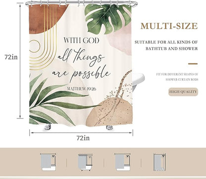 Glawry Boho Bible Verse Shower Curtain Inspirational Scriptures Quotes Abstract Tropical Palm Leaf Mid Century Bathroom Christian 72Wx72L Inches Bath Accessories Art Home Decor Fabric 12 Pack Hooks
