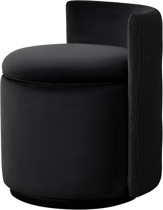 360° Swivel Velvet Vanity Chair with Storage, Barrel Makeup Chair with Wave Back, No Assembly Vanity Stool Small Accent Chair for Living Room, Black