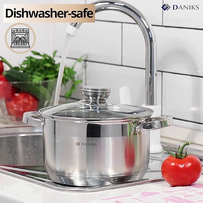 Daniks Standard 9-Piece Stainless Steel Induction Cookware Set, Saucepan, Dishwasher Safe Pots, Measuring Scale, Glass Lids, For Soup, Pasta, Stew, Silver
