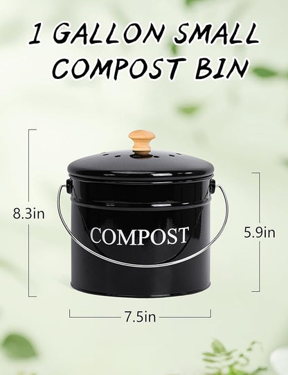 Compost Bin - 1 Gallon Countertop Composter with Lid and Charcoal Filters, Rust Proof Indoor Bucket for Kitchen Food Waste