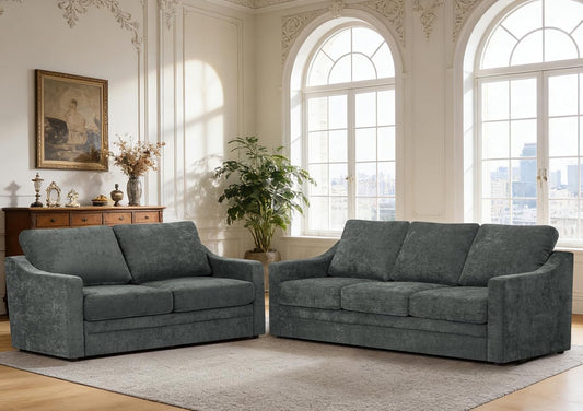 2 Pieces Chenille Sofa Set w/Soft Back Cushion, Grey | Modern 2 Seat & 3 Seats Couch Set w/Deep Seat Space, Upholstered Love Seat & Sofa w/High Density Foam for Living Room