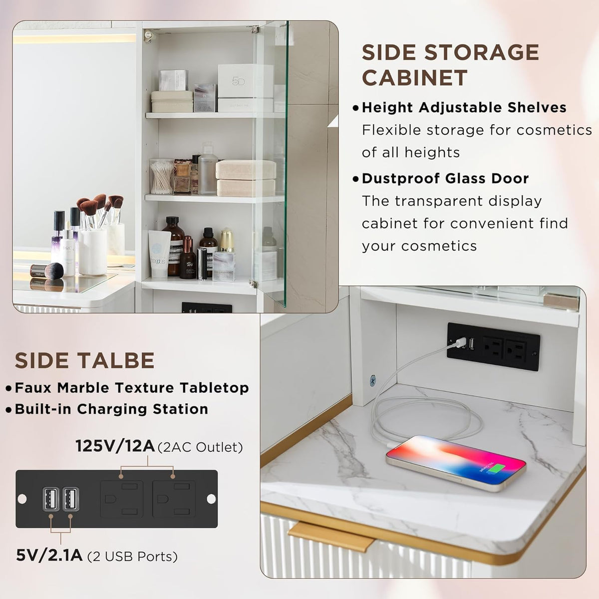 T4TREAM Fluted Makeup Vanity Desk with 36" HD Lighted Mirror, 48" Big Modern Vanity Desk with Mirror and Lights, Dressing Table with 5 Drawers & Shelves, Glass Top for Bedroom (Off White)