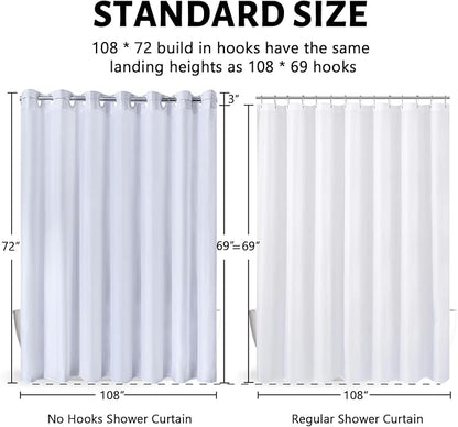 Extra Wide No Hook White Shower Curtain 108x72 Inch,Polyester Fabric Waterproof Shower Curtain Liner with 14 Plastic Split Grommets,Washable Shower Curtains for Bathroom Hotel Spa Luxury