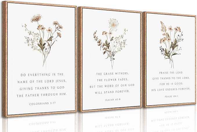 Framed Wildflower Bible Floral Canvas Wall Art Christian Verses Floral Paintings Pictures Decor Botanical Scripture Room Posters Prints for Bedroom Living Room Office Christian Scene Home Decorate