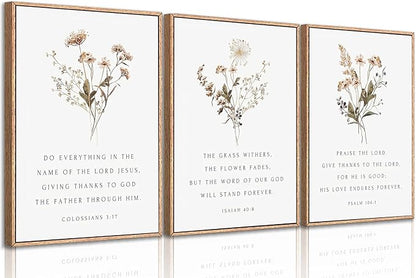 Framed Wildflower Bible Floral Canvas Wall Art Christian Verses Floral Paintings Pictures Decor Botanical Scripture Room Posters Prints for Bedroom Living Room Office Christian Scene Home Decorate