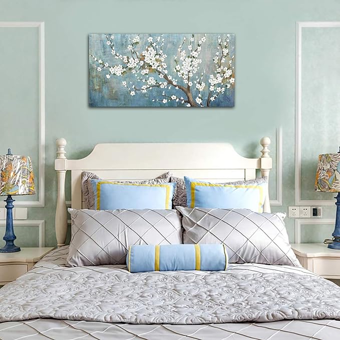 Elegant Flowers Canvas Wall Art - Plum Blossom Pictures for Wall Decor Rustic Turquoise Canvas Painting Nature Printing Artwork for Living Room Bedroom Home Office Wall Decoration 24" x 48"