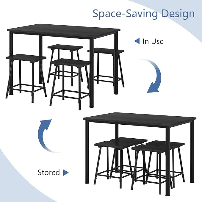 VECELO Kitchen Table and Chairs for 4, Dining Room Set with Chairs/Stools, Heavy-Duty Metal Frame with Wooden Tabletop for Small Spaces, Easy Assembly, Elegant Black