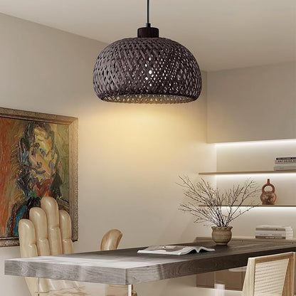 Black Bamboo Pendant Light, 11.8inch Hand-Woven Natural Wicker Rattan Farmhouse Lamp, Boho Hanging Chandelier, Rustic Kitchen Island Ceiling Pendant Light for Living Room, Dining, Foyer