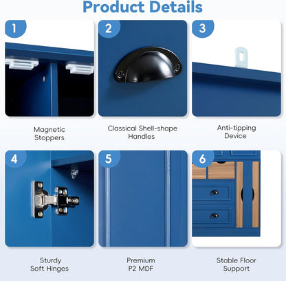 Large Kitchen Pantry Cabinet with 4 Foldable Doors and Storage Shelves, Farmhouse Freestanding Cupboard with Wine Racks, Power Outlet and Serving Trays (Blue)