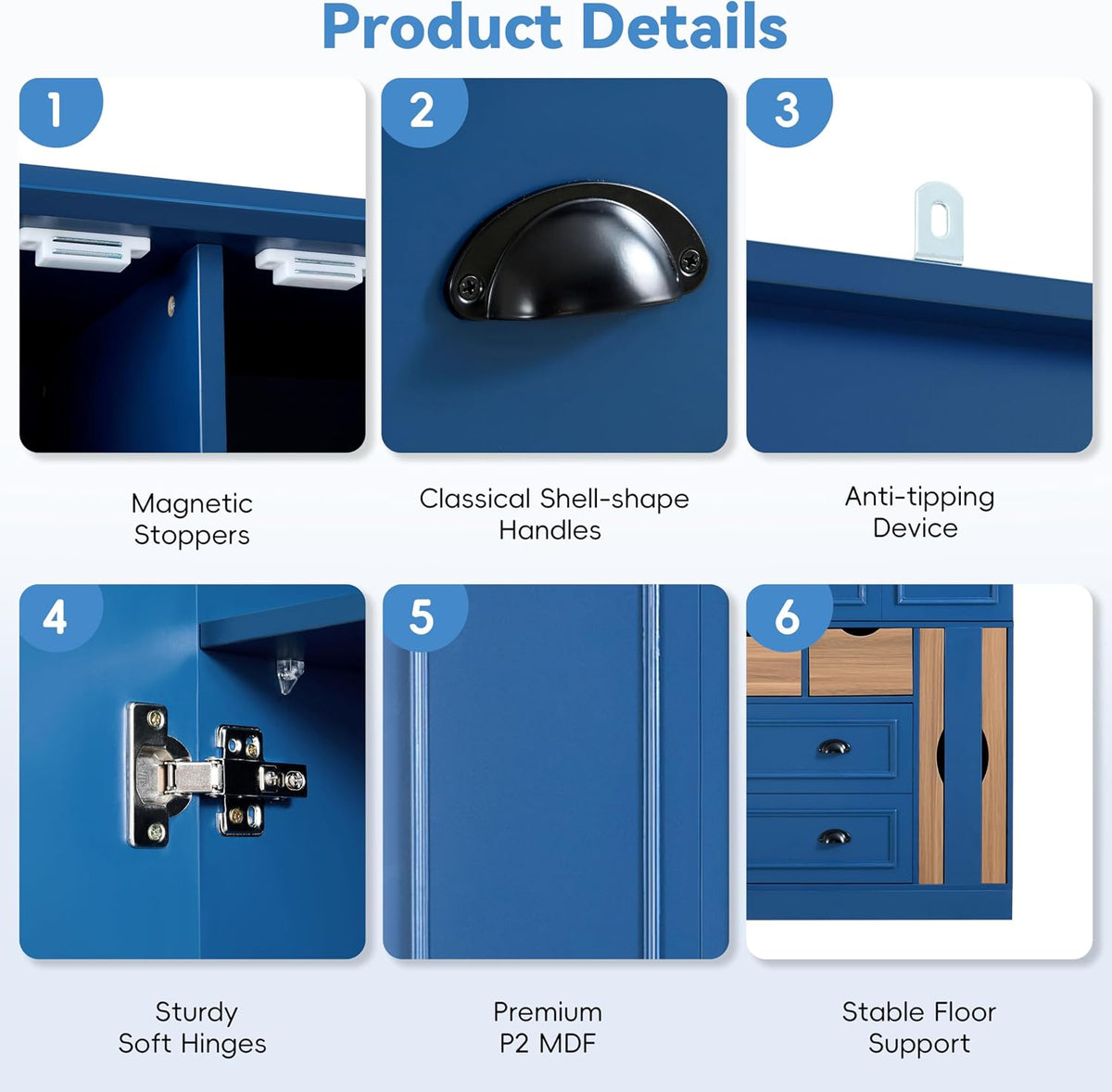 Farmhouse Kitchen Pantry Storage Cabinet with 4 Foldable Doors, Freestanding Large Cupboard with Power Outlet, Shelves, Wine Racks and Serving Trays for Dining Room, Kitchen (Blue)