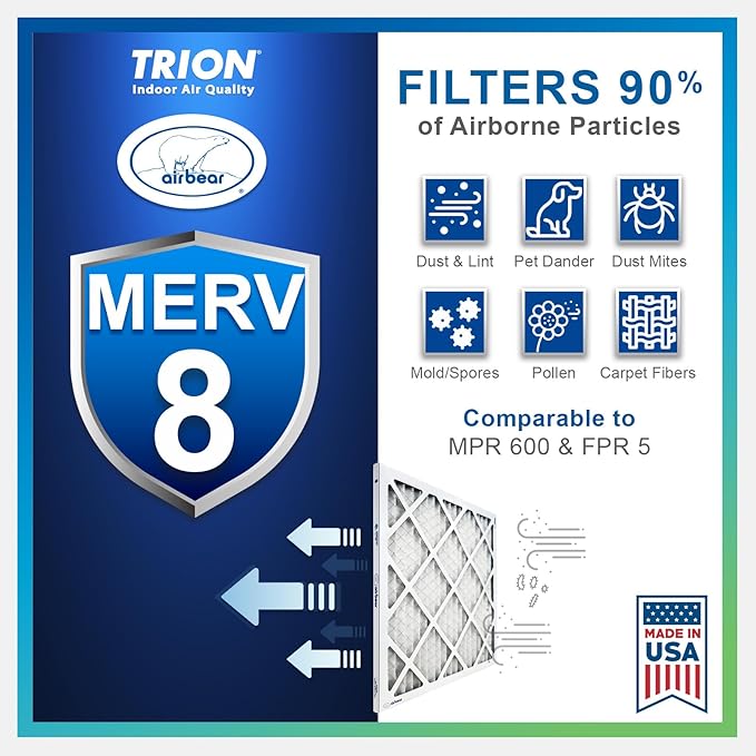 16x25x1 Air Filter MERV 8 (5-Pack) TRION Air Bear Pleated HVAC Air Filters Replacement (Actual Size: 15.50 x 24.50 x 0.75 Inches)