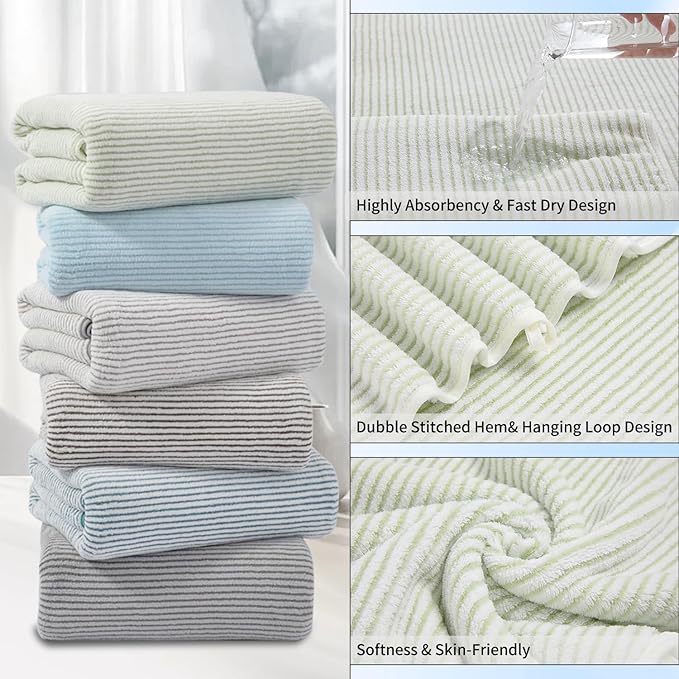 4 Piece Bath Towel Set 35"x70"Oversized Bath Towel for Bathroom Ultra Soft Fluffy Extra Large Bath Sheet Luxury Premium Bathroom Towel Highly Absorbent Quick Dry Shower Towel for Hotel Spa,Green White