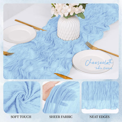 12 Pack Baby Blue Cheesecloth Table Runner 17x108 Inch Semi Sheer Boho Gauze Cheese Cloth Fabric Table Runners, for Wedding Party Baby Shower Birthday Home Decor Garden Farmhouse