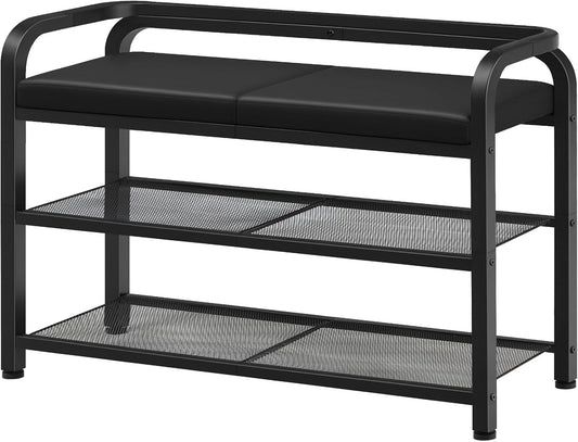 YATINEY Shoe Bench with Backrest, Entryway Bench, 2-Tier Shoe Rack with PU Padded Seat, Upholstered Shoe Storage Bench with Back, for Hallway, Entryway, Foyer, Bedroom, Black HX04BB