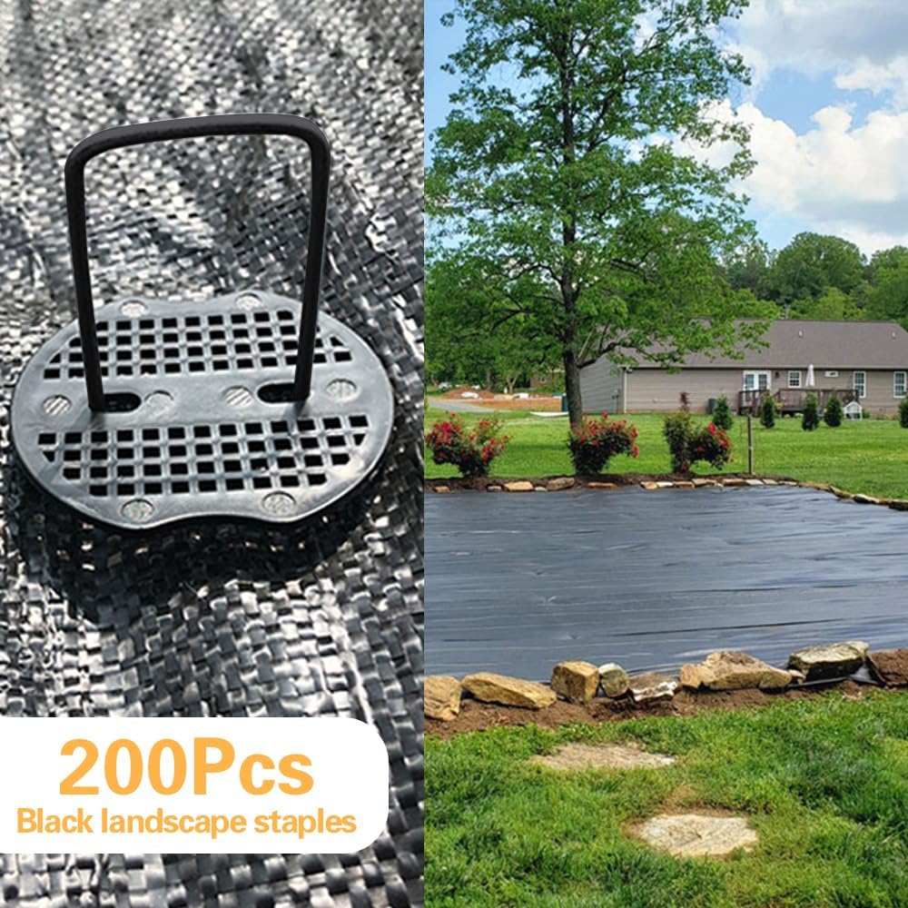 Bakulyor 200pcs Black Landscape Staples + 200pcs Buffer Washer, 6 Inch 11 Gauge Garden Stakes Staples, U Shaped Galvanized Lawn Pins Heavy Duty Yard Ground Pin for Weed Barrier Sod Fabric Decorations