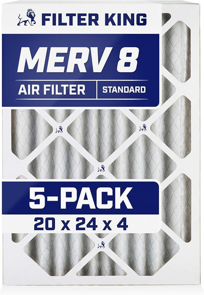 Filter King 20x24x4 Air Filter | 5-PACK | MERV 8 HVAC Pleated A/C Furnace Filters | MADE IN USA | Actual Size: 19.38 x 23.38 x 3.75"