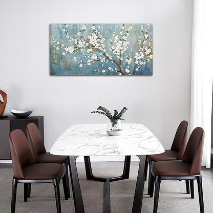Elegant Flowers Canvas Wall Art - Plum Blossom Pictures for Wall Decor Rustic Turquoise Canvas Painting Nature Printing Artwork for Living Room Bedroom Home Office Wall Decoration 24" x 48"