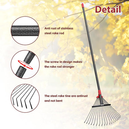 76 Inch Rake for Leaves, Adjustable 18 Metal Tines with Expandable Head Garden Rakes for Lawns Heavy Duty Metal Rake for Leaves Yard Gardening Grass Outdoor Debris
