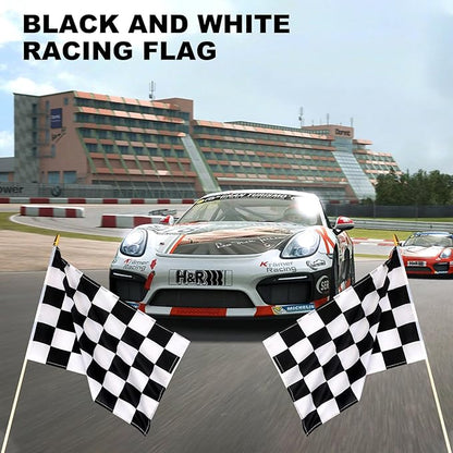 12 Pack Checkered Small Stick Flag 12x18 Inch Black and White Racing Hand Held Race Car Flags Decorations