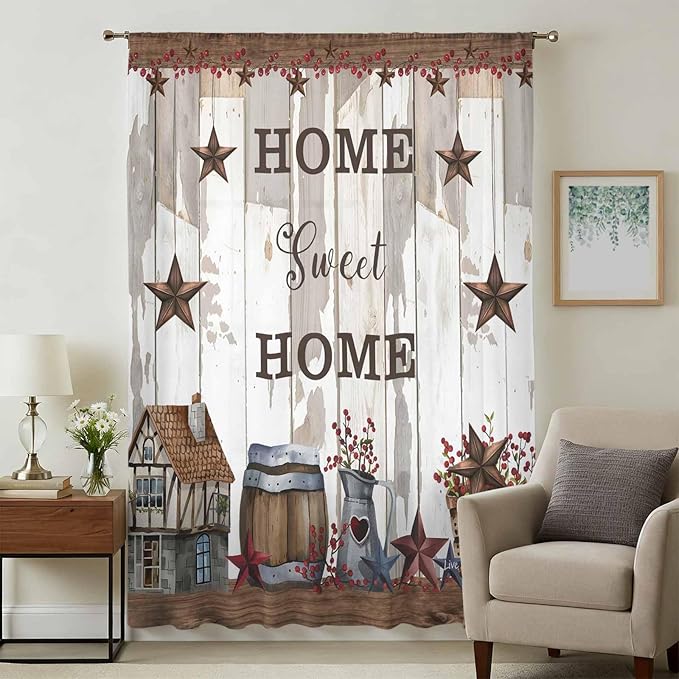 Farmhouse Sheer Curtains 63 Inch Length Retro Country Star Berry Vintage Wood Grain Chiffon Curtain for Bedroom Living Room Light Filtering Rod Pocket Window Treatments Voile Curtains Drapes